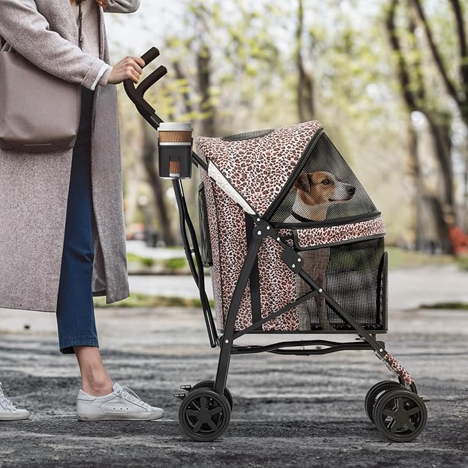 MoNiBloom 4 Wheels Pet Stroller, Easy-Fold Umbrella Shaped Dog Cat Jogger Stroller w/Storage Bag & Visible Mesh for Small/Medium Dogs Cats Leopard Print