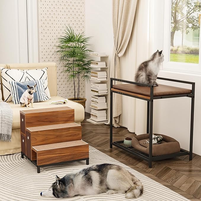 Dog Window Perch, Pet Bunk Bed with Multi-Level Platform, Non-Slip Cat Window Perch with Stroage Drawers, Dog Perch to Look Out Window, Wooden Steps for Small, Large Sized Dogs and Cats