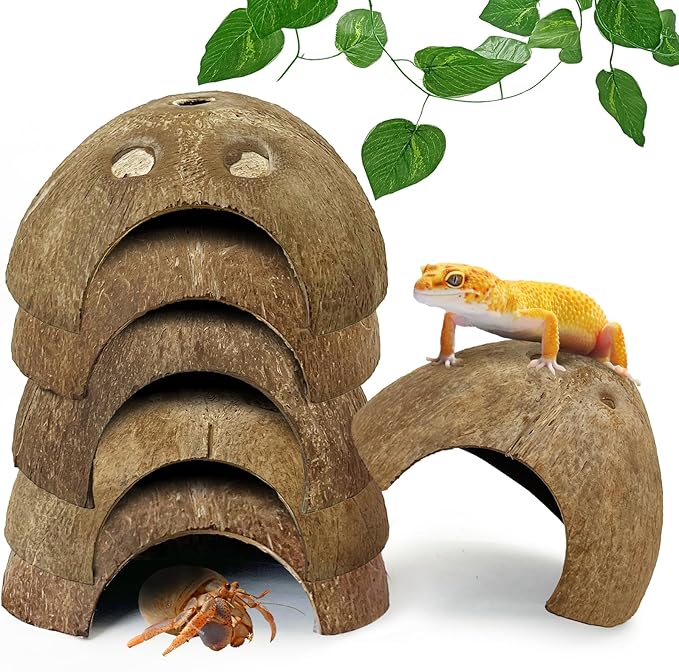 Hamiledyi 7 Pcs Reptile Hideouts Natural Coconut Shells Hut Leopard Gecko Tank Accessories for Aquarium Fish Hermit Crab Hide Cave Small Snake Tarantulas Lizard Chameleon (Without Fiber)