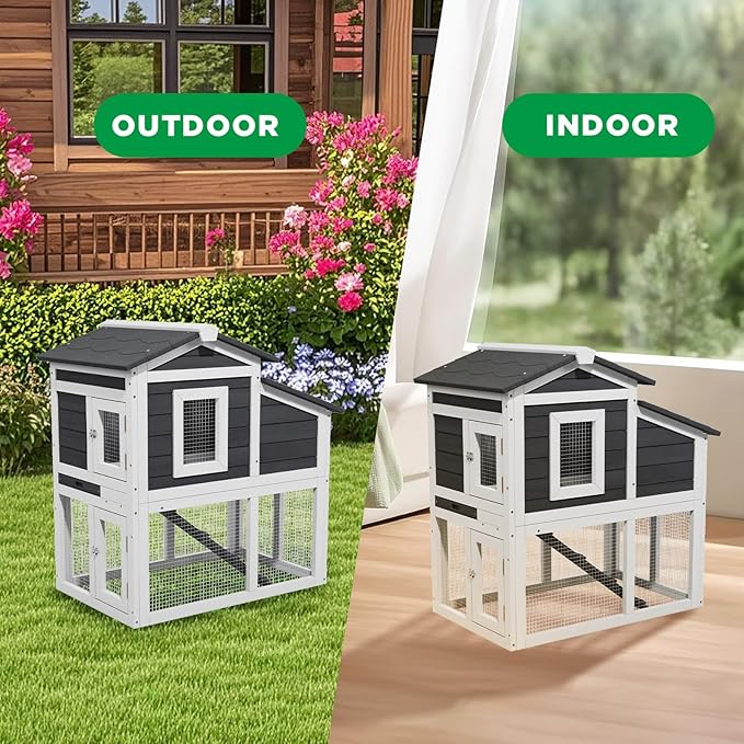 2 Story Rabbit Cage, Weatherproof Rabbit Hutch Indoor & Outdoor, Wooden Guinea Pig Cages with Removable Tray Openable Roof for Small to Medium Animals