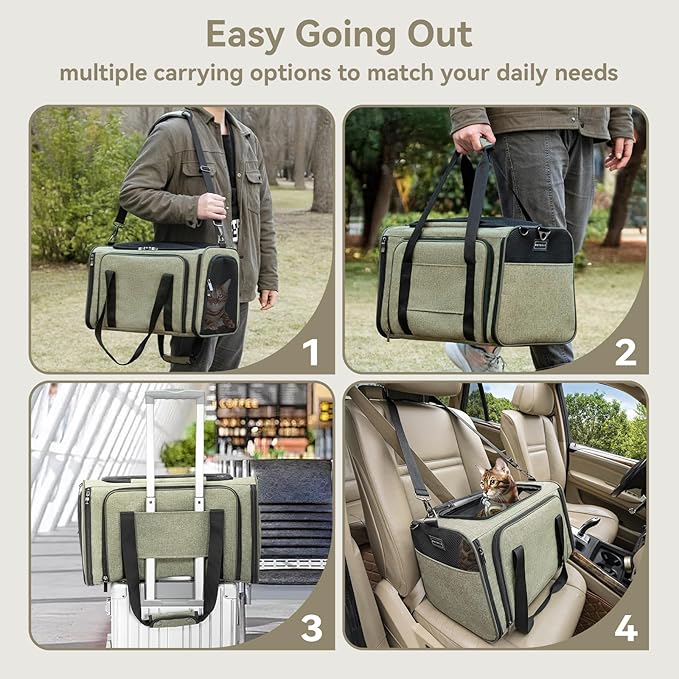 Petsfit Expandable Rabbit Carrier Bunny Carriers, 16 Inch Airline Approved Pet Carrier with 2 Extensions, Soft Washable Cushion, Self-Locking Zipper Head, Built-in Safety Rope, Fit for Travel