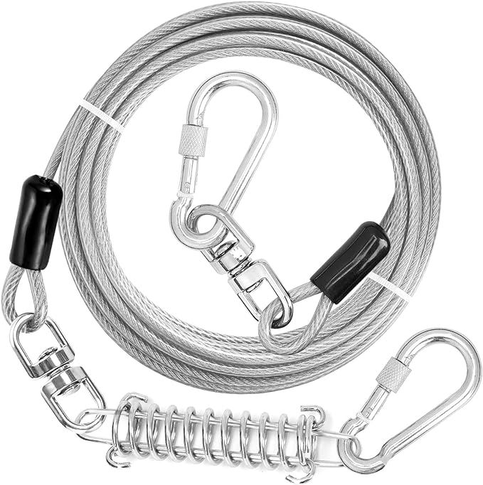 Jenico Dog Tie Out Cable, 10-150FT Runner Cable with Swivel Hook and Shock Spring, Outdoor Dog Leash Tether for Small to Medium Pets Up to 500 LBS