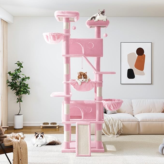 Allewie 81 Inches Tall Cat Tree/Multi-Level Large Climbing Tree House and Towers for Big Feline/Condo and Hammock/Scratching Post/Wide Base/Pink