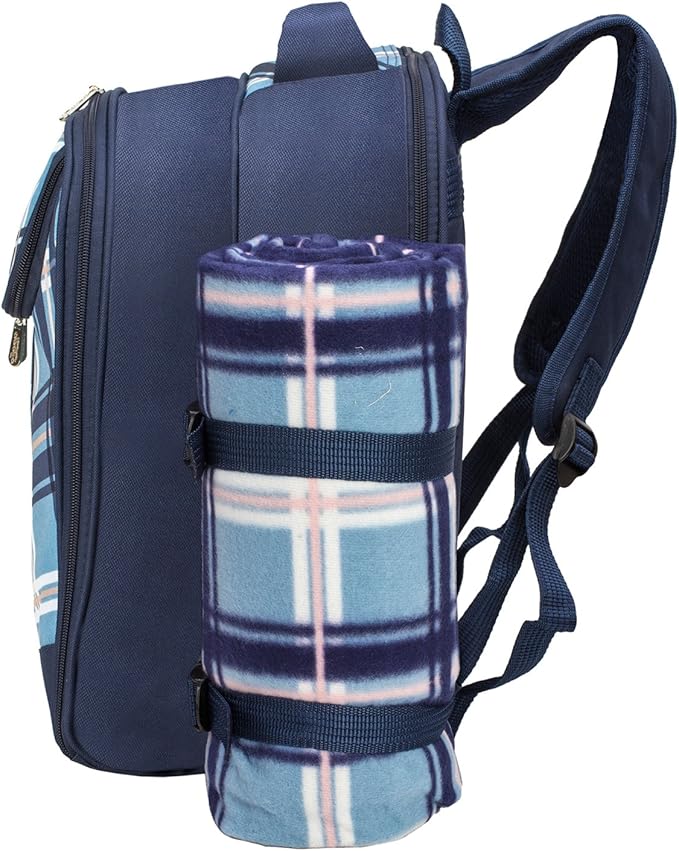 Apollo Walker Picnic Backpack Bag for 2 Person with Cooler Compartment, Detachable Bottle/Wine Holder, Fleece Blanket, Plates and Cutlery (Blue)