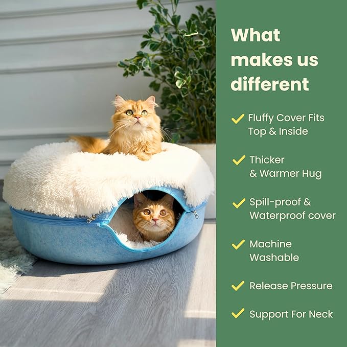 CATTASAURUS Peekaboo Cat Cave for Multiple & Large Cats Up to 30-45 Lbs, Fluffy Cat Beds for Indoor Cats, Scratch Detachable & Washable Tunnel Bed, Comfy Donut Cat Cave (Blue, Large (Calming))