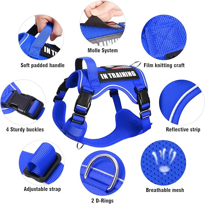 WINSEE Service Dog in Training Harness with 5 PCS Patches, Reflective Tactical Dog Vest Harness, Adjustable Soft Oxford Pet Harness with Easy Control Handle, Hook & Loop Panels for Walking Hiking