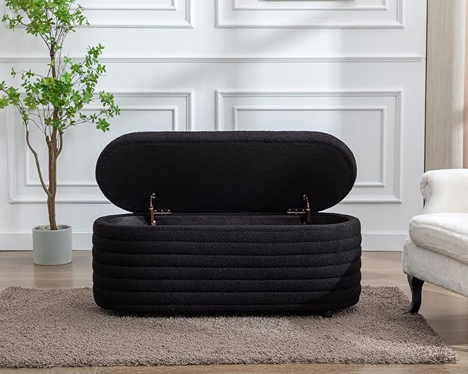 Storage Ottoman Bench Upholstered Fabric Storage Bench End of Bed Stool with Safety Hinge for Bedroom, Living Room, Entryway (45.5-inch, Black)