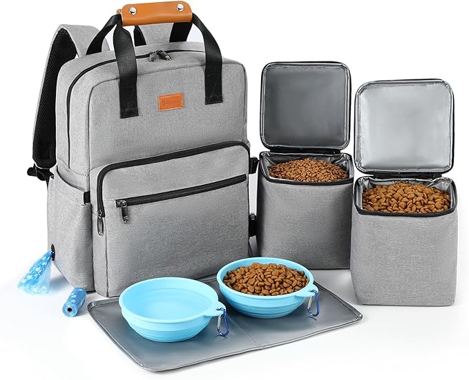 Dog Travel Bag, 25L Airline Approved Dog Travel Backpack for Pet Travel Accessories with 2 Food Storage Containers, 2 Foldable Bowls for Short Trips, Grey
