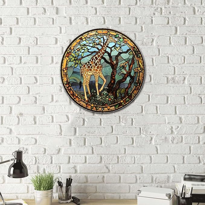 Lygond Metal Sign Tin Sign Circular Stained Glass Giraffe Bathroom Signs for Home for Gift 12×12 Inches