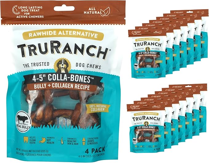 4-5" Collagen Bones, Bully - Collagen Dog Bones - Long Lasting Healthy Joint Support - Rawhide Alternative - Skin & Coat Health, Value Pack, 15 Bags, 60 Count
