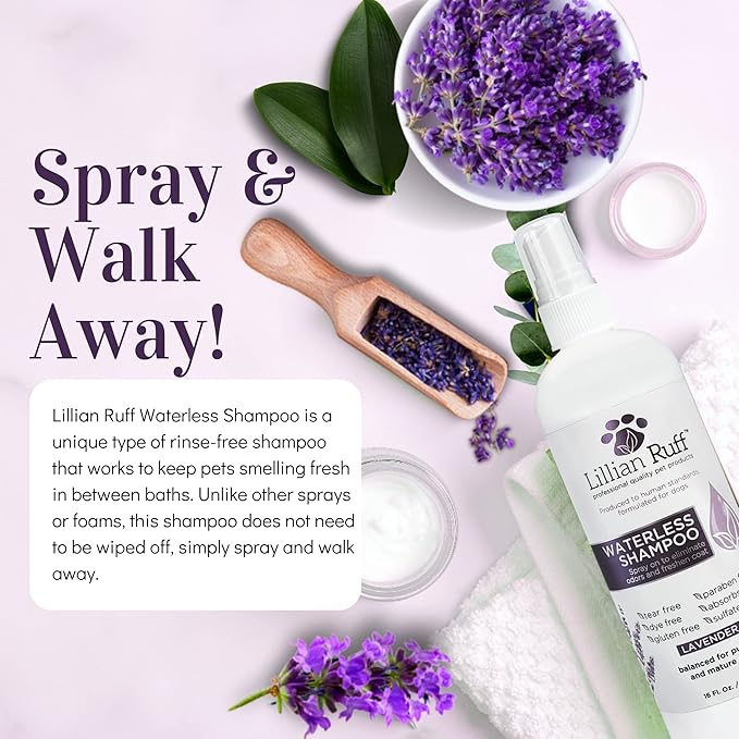 Lillian Ruff Waterless No-Rinse Dog Dry Shampoo Spray with Hydrating Essential Oils - pH-Balanced Dry Shampoo for Dogs - Clean, Condition, Detangle & Deodorize Dry, Sensitive Skin (Lavender)
