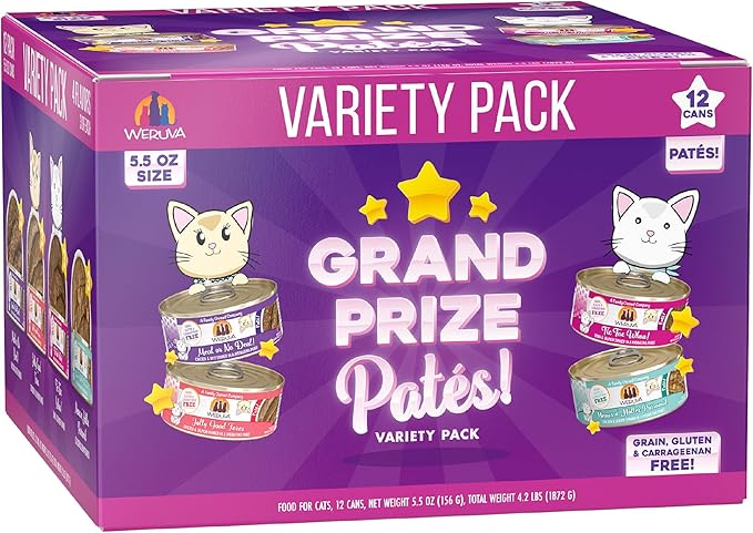 Weruva Wet Cat Food, Grand Prize Patés Variety Pack, 5.5oz Can, Pack of 12