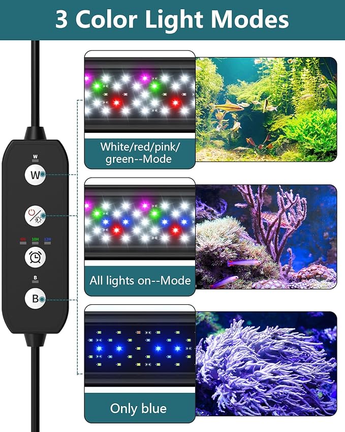 Led Aquarium Light for Plants-Full Spectrum Fish Tank Light with Timer Auto On/Off, 12-18 Inch, Adjustable Brightness, White Blue Red Green Pink LEDs with Extendable Brackets for Freshwater