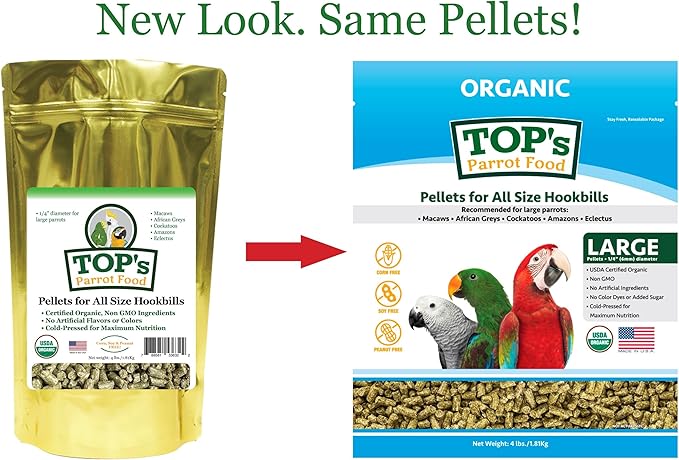TOP's Parrot Food Pellets Hookbills, Small, Medium and Large Parrots - Non-GMO, Peanut Soy & Corn Free, USDA Organic Certified - 4 lb / 1.81 kg