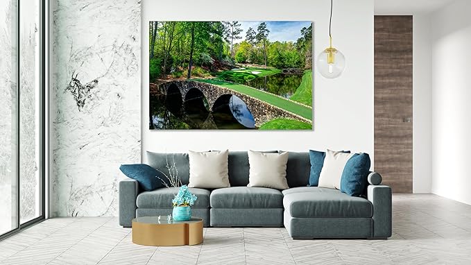 Nature Wall Art Prints - Ocean Forest Mountain Lake Canvas Landscapes - Small to Extra Large Living Room Bedroom Kitchen Bathroom Décor (Golf Course with Stone Bridge, 31L" x 47W")