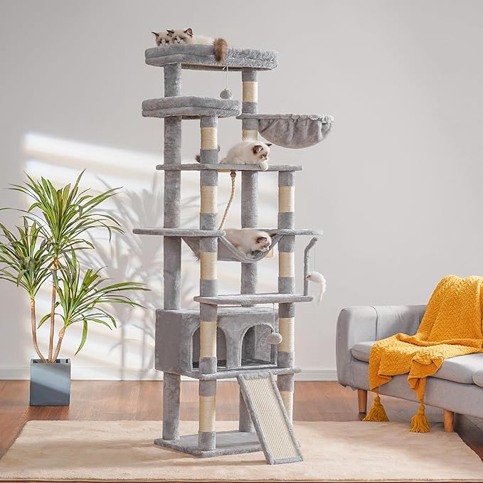 Heybly Tall Cat Tree, 78-inch Multi-Level Cat Tower for Indoor Cats, 2 Widened Plush Perches Cat Condo with Scratching Board and Big Caves, Light Gray HCT033W