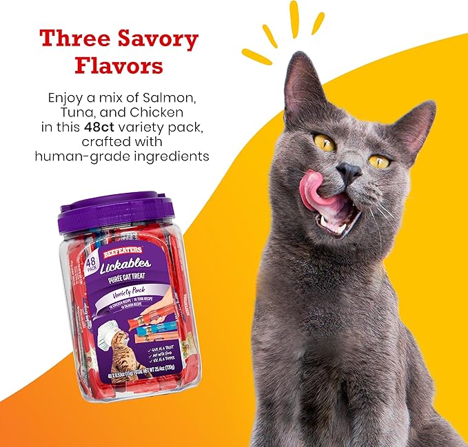 Beefeaters Cat Treats Variety Pack Lickable Puree 48ct – Salmon, Tuna & Chicken, Grain-Free, Taurine-Enriched, Ideal for Training & Interactive Feeding