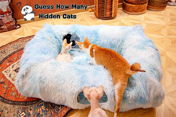 XxingSheep 4 Cave Shuttled XL Cat Tunnel Bed for Indoor Cats Peekaboo Toy Donut with Warm Mat, Azure Blue