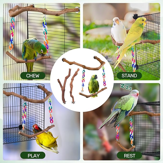 Bird Swing Toys, Standing Bird Perch with Natural Grape Wood, U Shape Hangable Birdcage Accessories, Birds Chewing Toy for Budgerigars, Parakeets, Cockatiels, Conures, Lovebirds, Finches (3Pack)