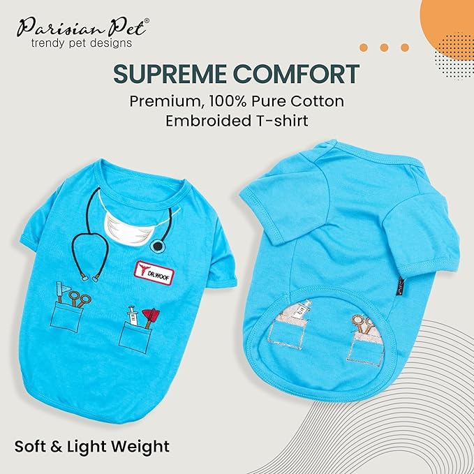 Parisian Pet Doctor Woof Shirt - Embroidered Pirate Costume - Cotton & Polyester Outfit - Sleeved Clothes - Blue Funny Shirts for Large Dogs - Pet Costumes - 3XL