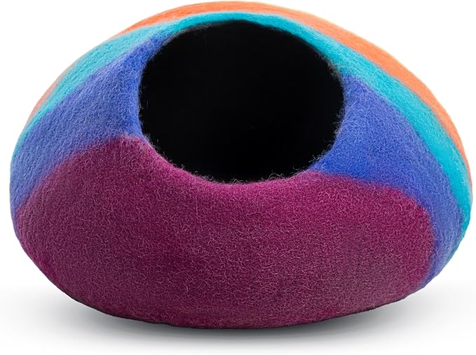 Woolygon Premium Felt Cat Cave Bed – Wool Kitty Beds Handcrafted Kitten Caves Bed for Indoor Cats - Made from 100% Eco-Friendly Merino Wool, Foldable Cat Hidewawy Covered Cat House Pod (Rainbow Twist)