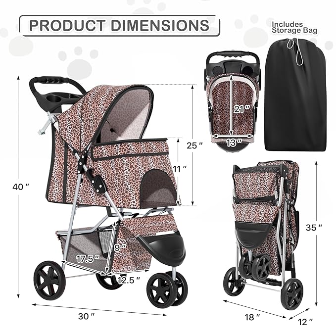 MoNiBloom 3 Wheels Pet Dog Cat Stroller for Small Medium Dogs Cats, Lightweight Foldable Jogger Stroller w/Storage Basket & Cup Holder, Leopard Print