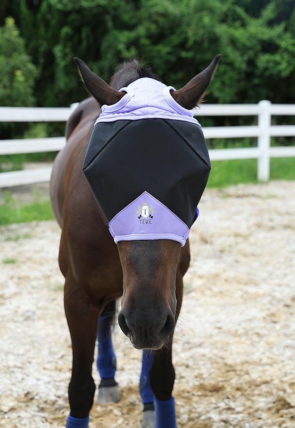 T TEKE Fine Mesh Horse Fly Mask w/No Ears, UV Blocking 3D Eye Visor with Extra Fleece Cushioned Forehead, Protection from Insect Pests