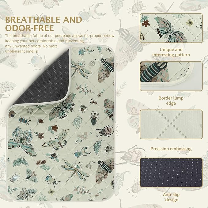 IEUUMLER Washable Pee Pads for Dogs, 2 Pack Insect Pattern Reusable Waterproof Puppy Potty Pads, Non-Slip Absorbent Pet Training Pads for Playpen Crate Bed EU014