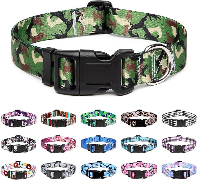 Mercano Adjustable Dog Collar - Special Design Patterns, Soft Nylon Comfortable Durable Pet Collar for Small Medium Large Dogs (S, Dog Camouflage Green)