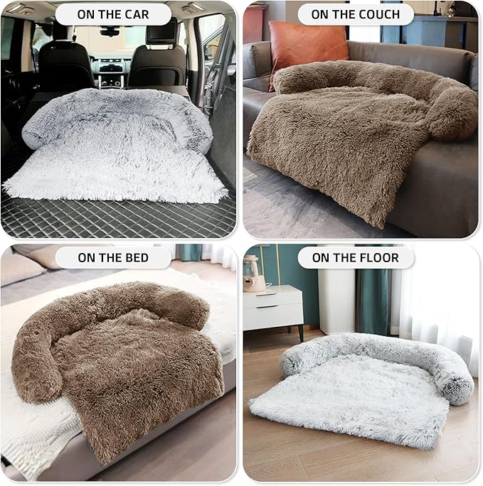 Calming Dog Bed Fluffy Plush Dog Mat for Furniture Protector with Removable Washable Cover for Large Medium Small Dogs and Cats (Medium(41x37x6), Camel)