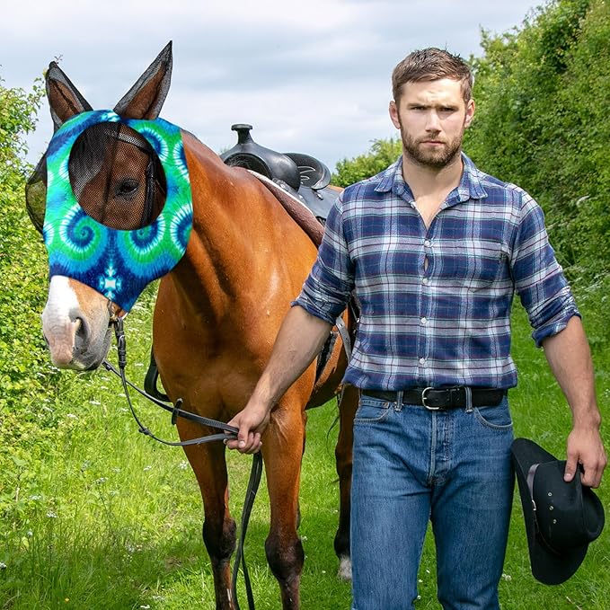 Chunful 6 Pcs Horse Fly Masks with Ears Smooth and Comfortable Cashel Mesh Fly Mask Elasticity Breathability UV Protection Horse Face Covering for Riding Supplies(Tie Dye,Medium)