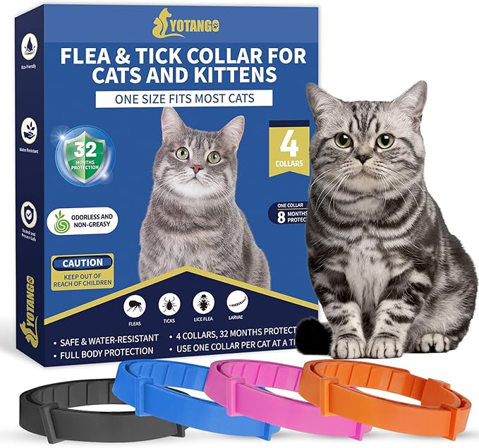 4 Pack Flea Collar for Cats, 32 Months Flea and Tick Prevention for Cats, Waterproof Cat Flea Collar, Natural Cat Flea and Tick Treatment, Adjustable Flea and Tick Collar for Cats Kittens(4 Colors)
