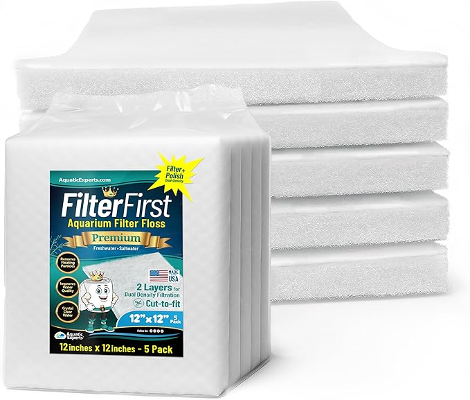 Aquatic Experts Aquarium Filter Floss for Fish Tank Filters - FilterFirst Aquarium Filter Pad - Media Roll for Crystal Clear Water, 3/4" - 1" Thick (12 Inch Wide, 12 Inch Long - 5 Pack)