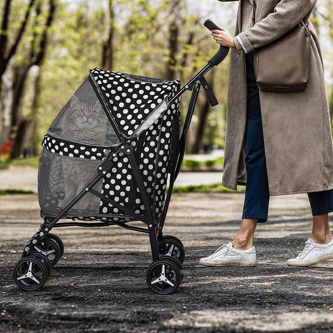 MoNiBloom 4 Wheels Pet Stroller, Easy-Fold Umbrella Shaped Dog Cat Jogger Stroller w/Storage Bag & Visible Mesh for Small/Medium Dogs Cats Black Polka Dots
