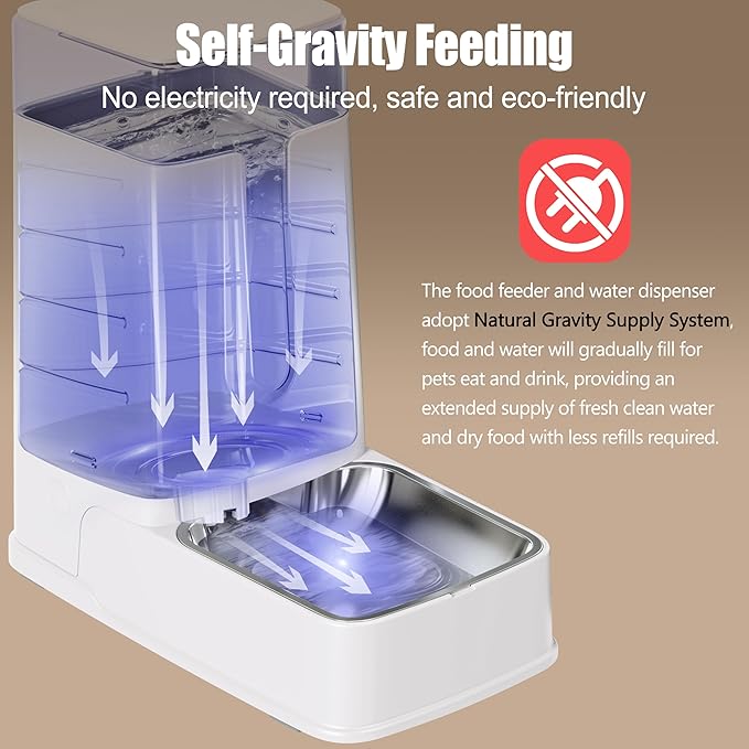 Automatic Cat Feeder and Cat Water Dispenser Set with Stainless Steel Bowls Gravity Dog Feeder for Small Medium Big Dog Pets Puppy Kitten, 3.8L x 2