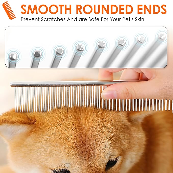 Dog Comb to Remove Tangles and Knots, Cat Comb with Stainless Steel Teeth and Non-Slip Handle, Dog combs for grooming matting for Long Haired Pets (Large & Small)