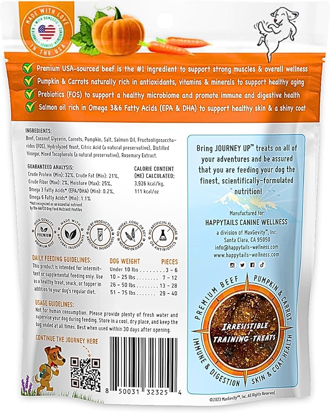 HappyTails Journey Up, Pumpkin Power Up Jerky Treats for Dogs with Beef, Pumpkin & Carrots-Made in USA-Prebiotics for Gut & Immune Health, Omega 3 & 6 for Skin & Coat, Small-Large Dogs, 6 oz.