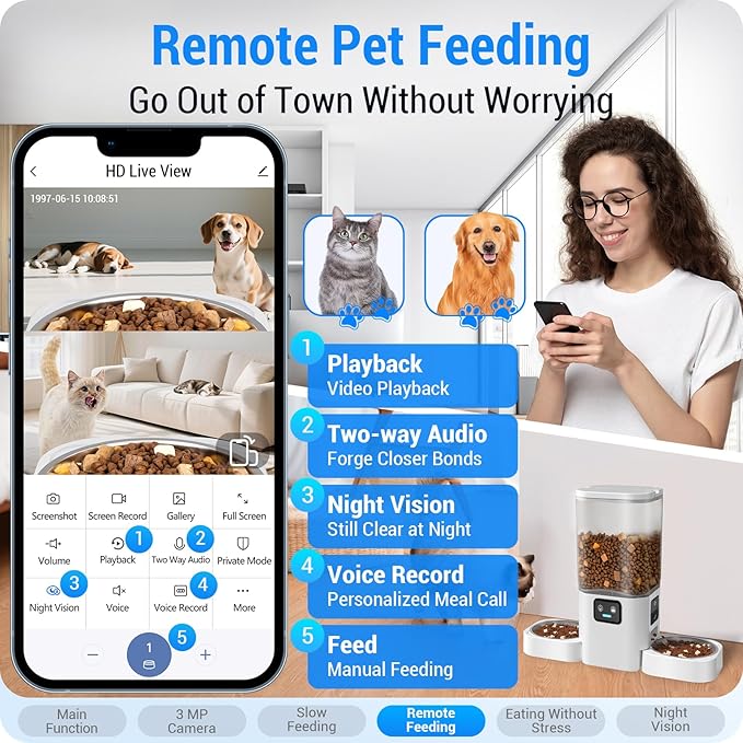 5G WiFi Automatic Cat Feeder with Two HD Camera: 7L Automatic Dog Feeder with Night Vision, Auto Cat Food Dispenser for Multiple Pet, Detachable for Easy Cleaning - 29 Cup