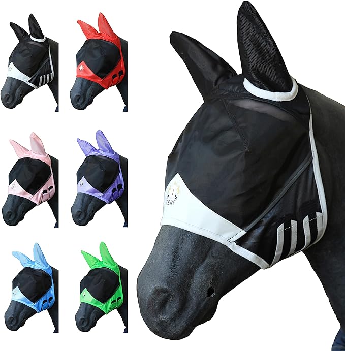 T TEKE Fine Mesh Horse Fly Mask w/Ears, UV Blocking 3D Eye Visor with Extra Fleece Cushioned Forehead, Protection from Insect Pests