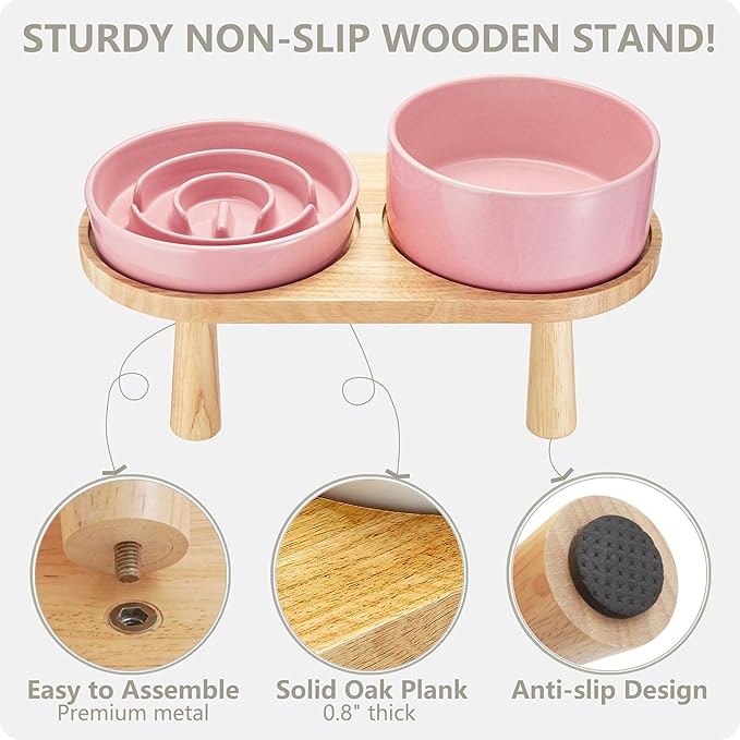 Ceramic Slow Feeder and Water Bowl Set for Medium and Large Dogs, Ceramic Dog Bowls Elevated with Wooden Stand, 2.0 Cups Dog Slow Feeder(30oz) and 70oz Water Bowl Set, Pink