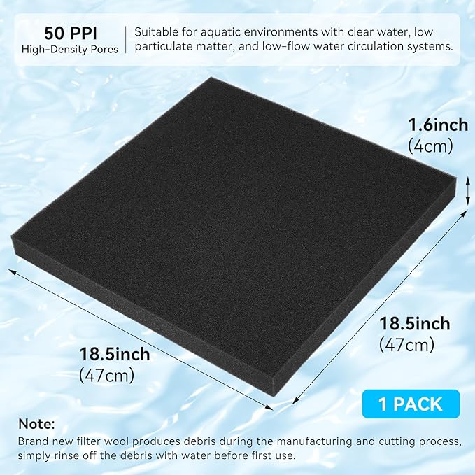Aquarium Filter Sponge Pad, Filter Media Foam Sponges, Filter Accessories for Fish Tanks and Ponds (18.5"x18.5"x1.6", 50PPI, 1 Pack)