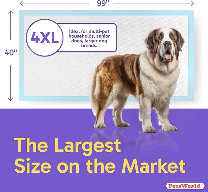 PETSWORLD Mega-Sized Dog Pee Pads (40" x 99") – 4XL Gigantic Pet Piddle Pads for Puppy Training, Incontinence – with Adhesive Sticky Tape – Leak Proof, 5-Layer Protection (20 Count)