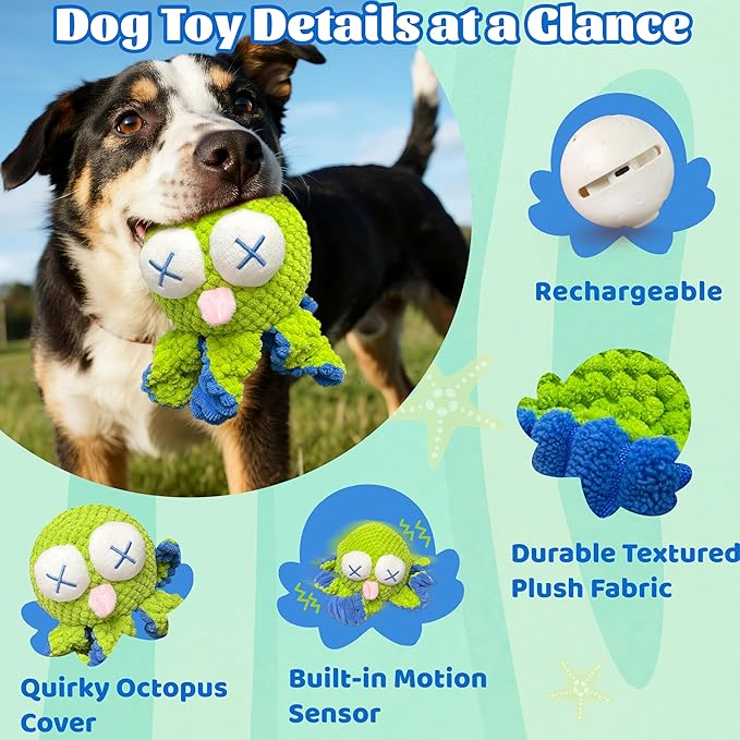 Interactive Octopus Dog Toys – Rechargeable Dog Squeaky Toy with Bouncing Ball, Music, Recording & Silent Modes – Moving Toys to Keep Dogs Busy for Small, Medium & Large Breeds