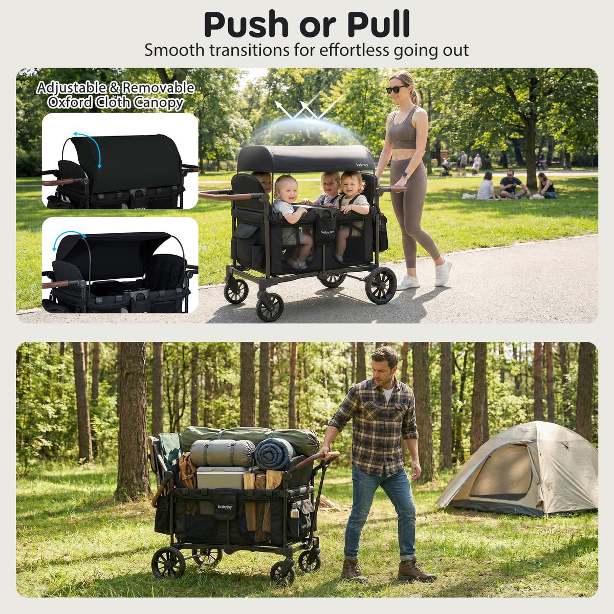 BABY JOY Wagon Stroller for 4 Kids, Foldable Stroller Wagon with Removable Canopy, Adjustable Handle, Snack Tray, Parent Organizer, 5-Point Safety Harness, Convertible Diaper Bag/Changing Pad (Black)