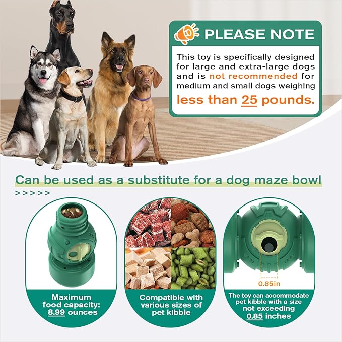 KADTC Dog Treat Dispener Toys Rolling Giggling Indestructible Puzzle Feeder Toy Adjustable Food Dispensing Speed for Medium/Large Aggressive Chewers Breed