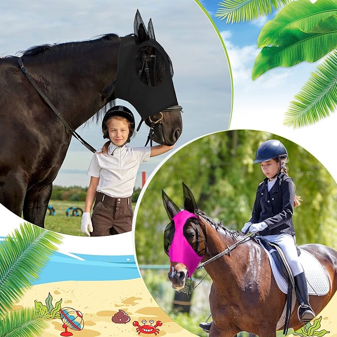 Frienda 4 Pcs Horse Fly Masks with Ears Head Fly Masks for Horses Smooth Elastic UV Protection Cover from Summer Insect Pests(Large,Purple, Blue, Pink, Black)