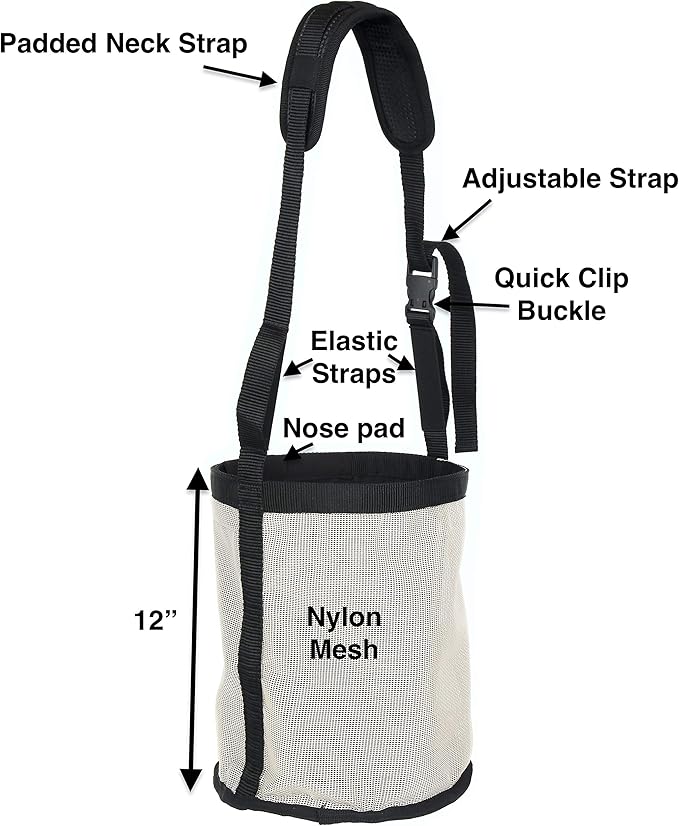 Majestic Ally Horse Feed Bag, Heavy Duty Nylon Mesh Grain Feed Bag, Adjustable Strap with Durable Snap and Elastic Straps, Comfort Neck Pad and Nose Pad- Large (Draft, Beige)