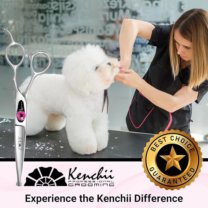 Kenchii Love Dog Grooming Scissors, 6.5 Inch Straight Balltip Shears, Dog Scissors for Grooming, Professional Pet Grooming Scissors, Safety Round Tip Shears
