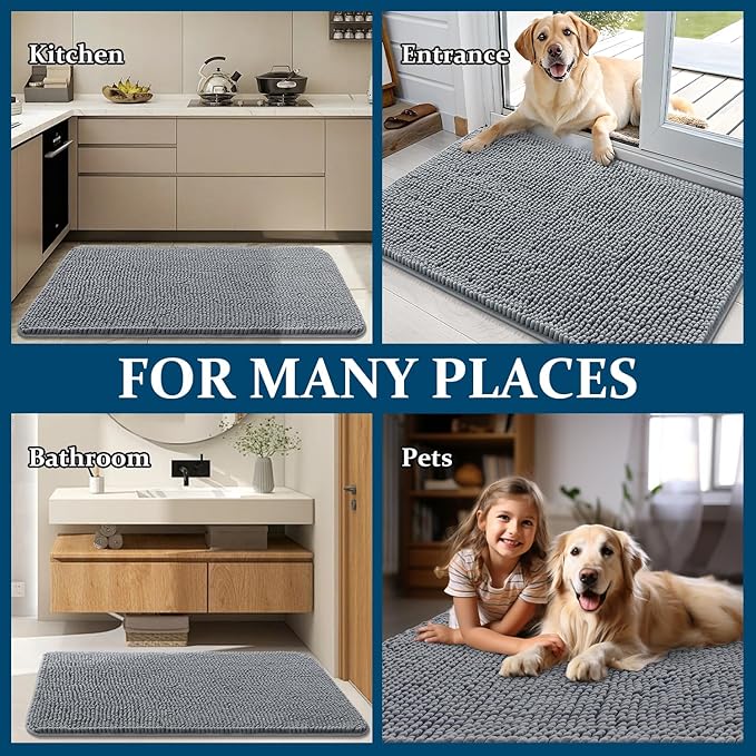 OLANLY Dog Door Mat Set 2-Piece 30x20, Absorbs Moisture and Dirt, Absorbent Non-Slip Washable Doormat, Quick Dry Chenille Mud Mat for Dogs, Entry Indoor Entryway Carpet for Inside Floor, Grey