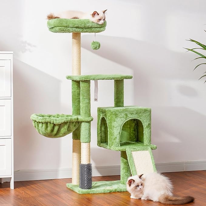 Heybly Cat Tree with Cat Self Groomer Brush, Cat Tower Condo for Indoor Cats with Padded Plush Perch, Cat House with Basket Scratching Board Post, Green HCT005SGR